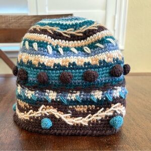 NEWARI ICELANDIC Crocheted Wool Knit Beanie Lined Nepal Blues Browns Women OS